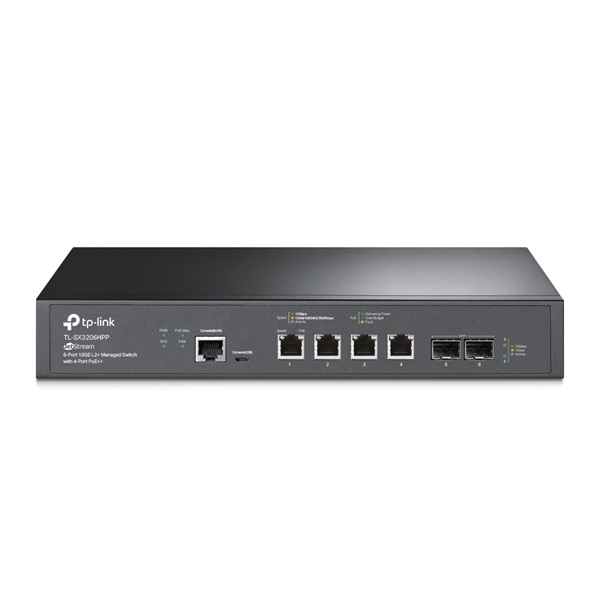 TP-LINK Switch 4x10Gbps(POE++) + 2x10Gbps SFP+ 1xkonzol port, Menedzselhető Rackes, TL-SX3206HPP (TL-SX3206HPP)