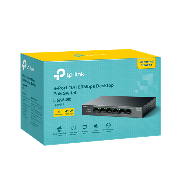 TP-LINK Switch 6x100Mbps (4xPOE) Fémházas Asztali, LS106LP (LS106LP)