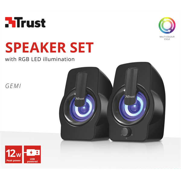 TRUST RGB LED-megvilágítású 2.0 hangszórókészlet 22948, Gemi RGB 2.0 Speaker Set - black (22948)