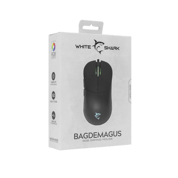 WHITE SHARK BAGDEMAGUS-B, GM-5010B gamer egér, 6D, fekete, 7200 dpi, RGB (WS GM-5010B)