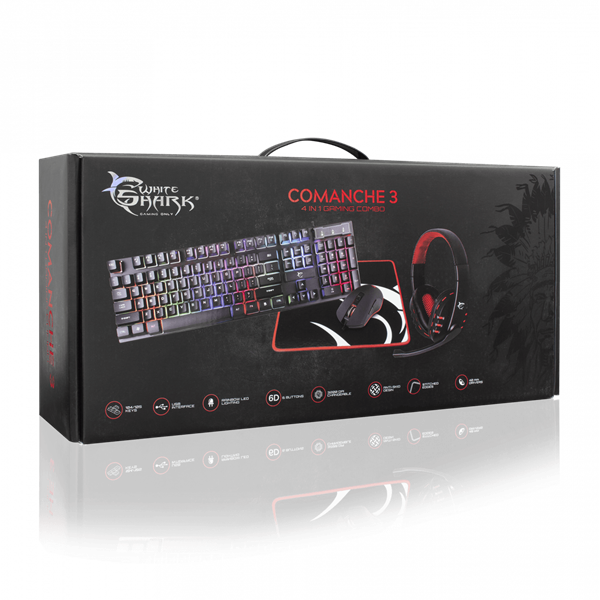 WHITE SHARK COMANCHE-3 gamer combo billetyűzet (magyar) + egér + fejhallgató + egérpad (WS GC-4104HU)