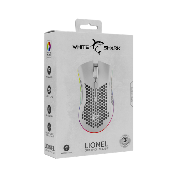 WHITE SHARK LIONEL-W, WGM-5012W vezeték nélküli gamer egér, fehér, 10000 dpi (WS WGM-5012W)