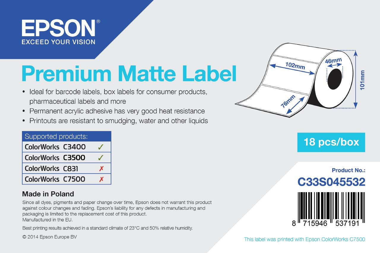 Epson prémium matt inkjet 102mm x 76mm 440 címke/tekercs (C33S045532)