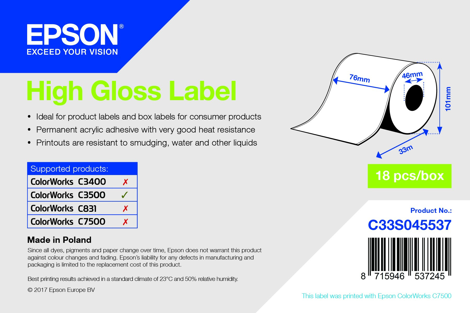 Epson magasfényű inkjet címke 76mm x  33m (C33S045537)