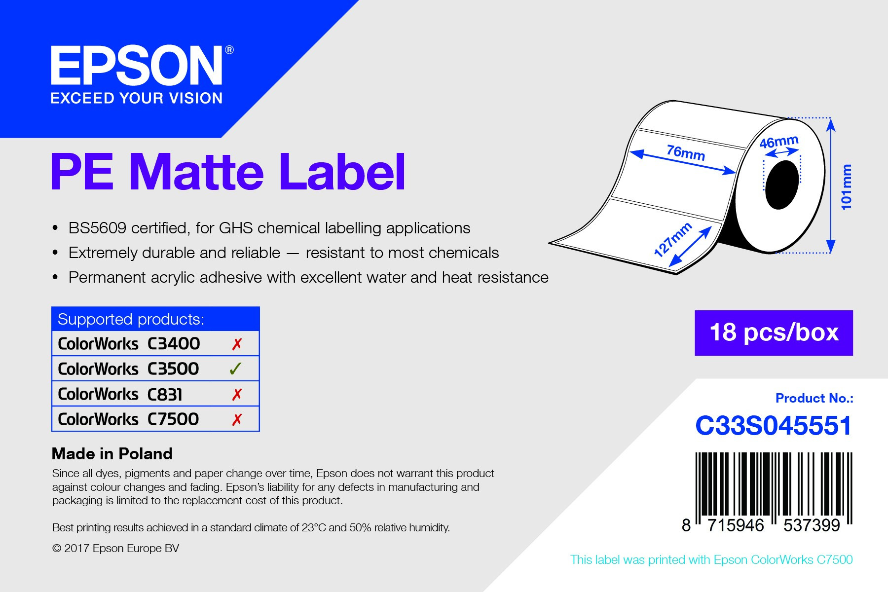 Epson 76mm*127mm,220 matt inkjet címke (C33S045551)