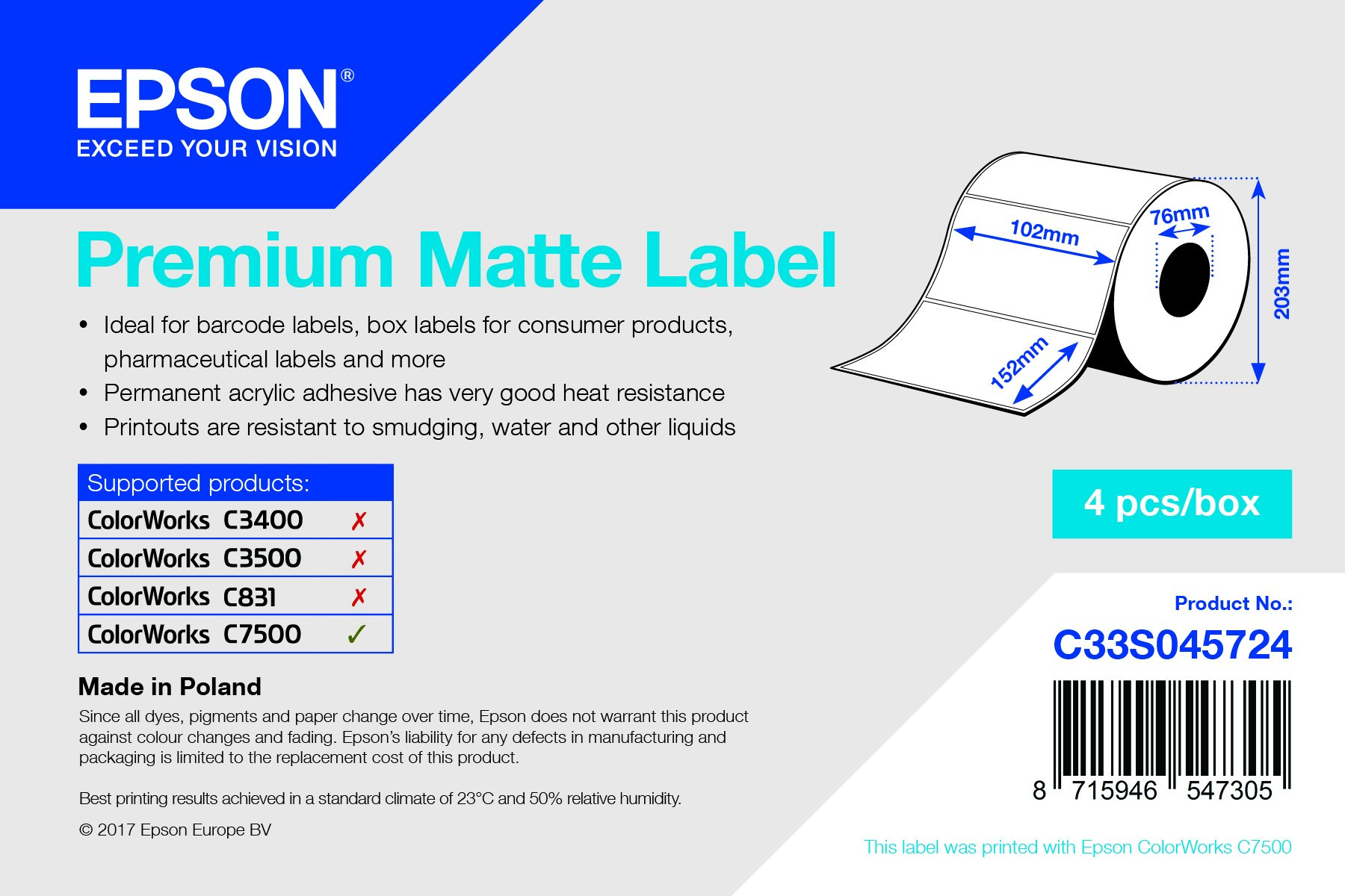 Epson prémium matt inkjet 102mm x 152mm 800 címke/tekercs (C33S045724)
